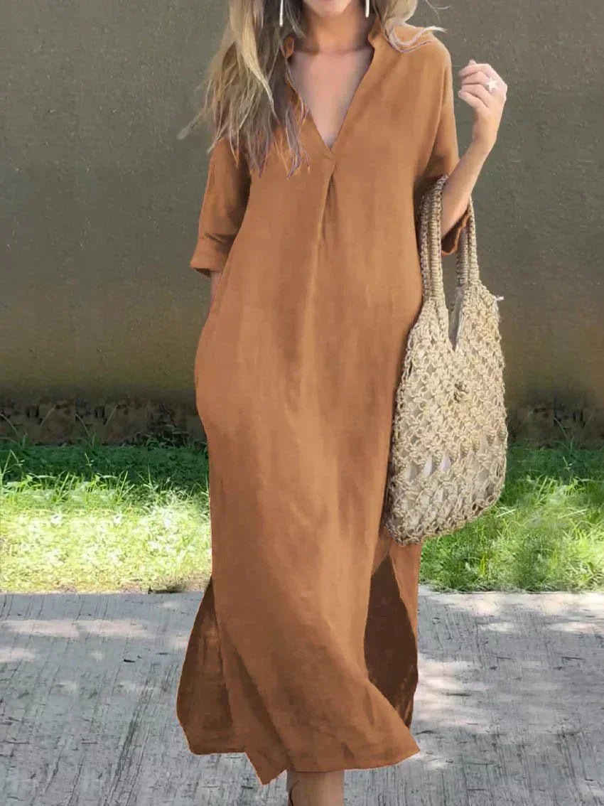 Dames V-hals Linnen-Katoenen Maxi Jurk Losse Zomersnit - Brown