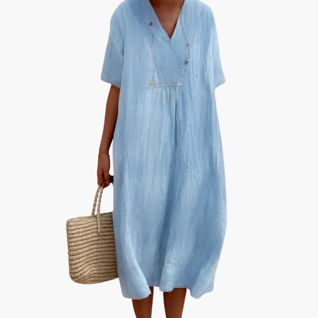 Dames V-hals Linnen Midi Jurk Relaxed-fit Korte Mouwen - Blue