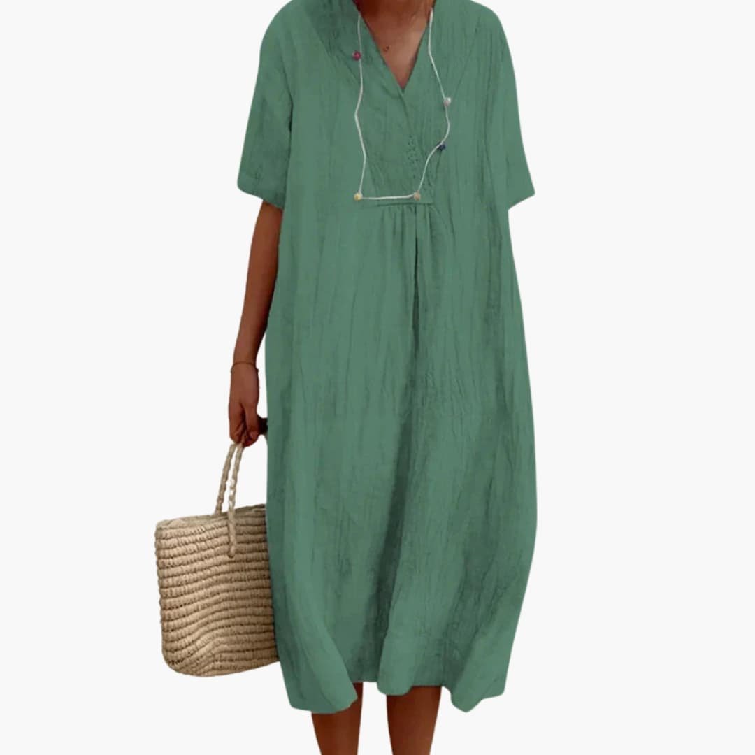 Dames V-hals Linnen Midi Jurk Relaxed-fit Korte Mouwen - Light Green