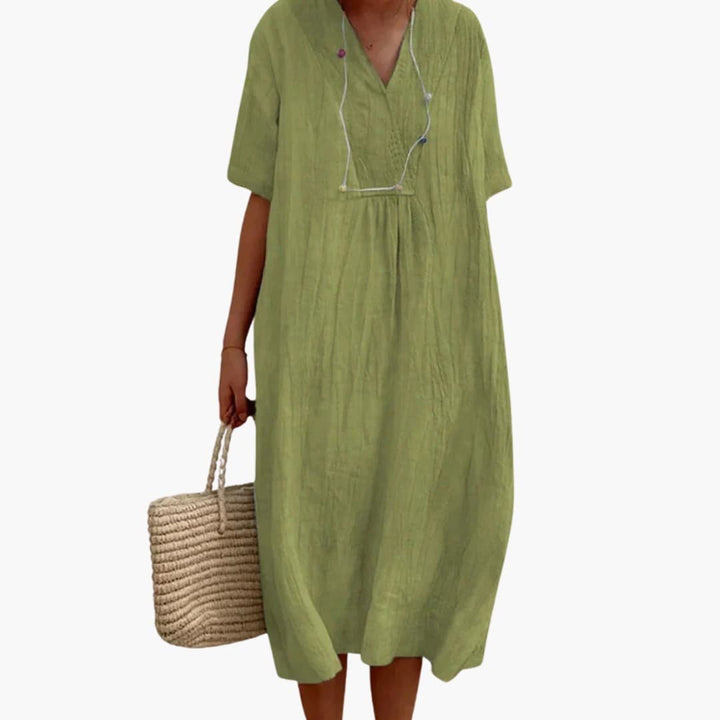 Dames V-hals Linnen Midi Jurk Relaxed-fit Korte Mouwen - Green