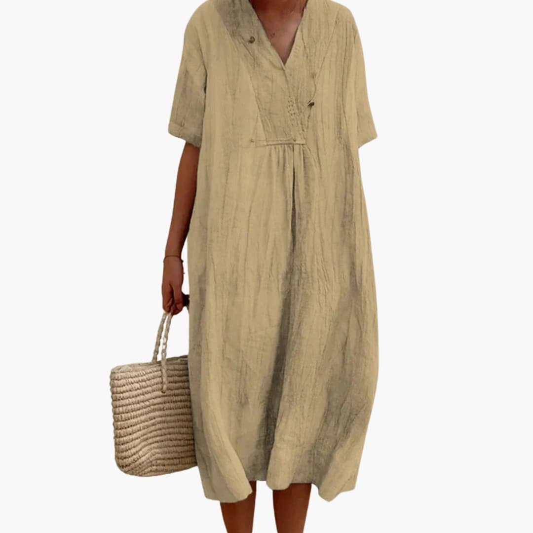 Dames V-hals Linnen Midi Jurk Relaxed-fit Korte Mouwen - Khaki