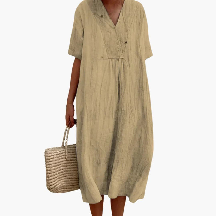Dames V-hals Linnen Midi Jurk Relaxed-fit Korte Mouwen - Khaki