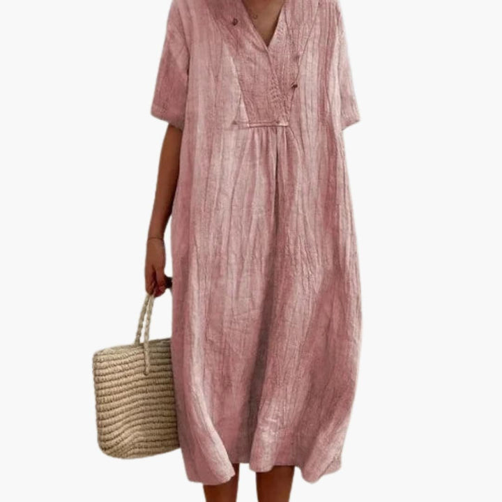 Dames V-hals Linnen Midi Jurk Relaxed-fit Korte Mouwen - Pink