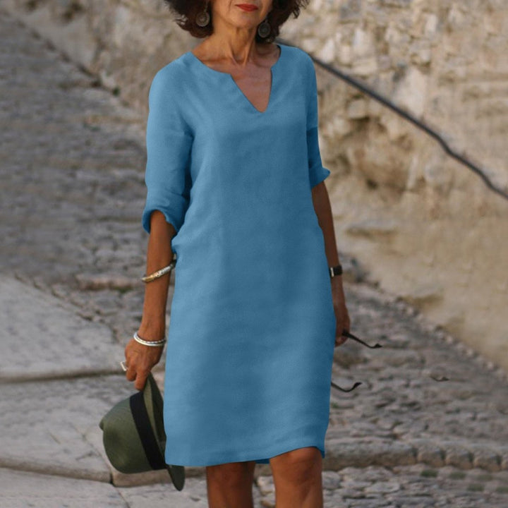 Dames V-hals Midi-jurk met Driekwart Mouw Linnen Look - Lichtblauw