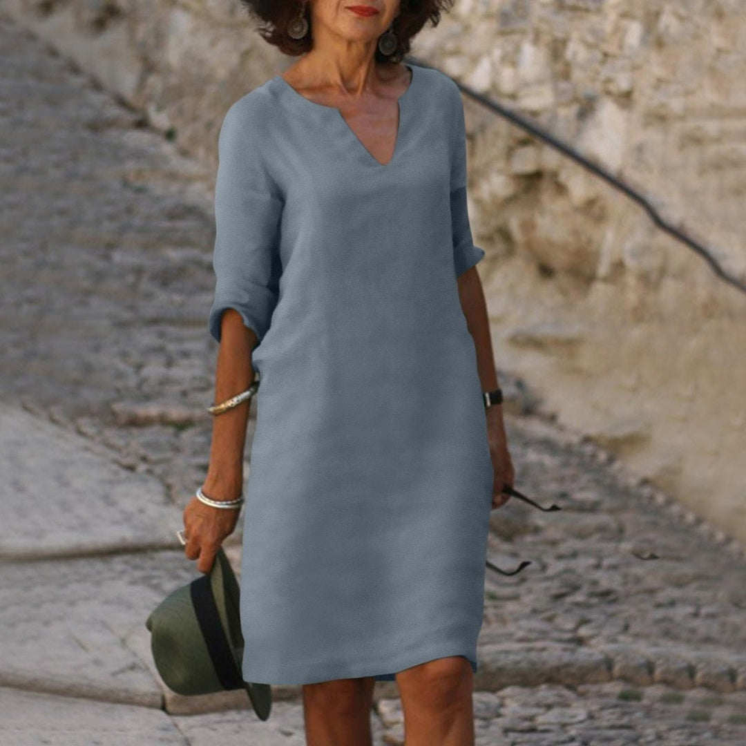 Dames V-hals Midi-jurk met Driekwart Mouw Linnen Look - Grijsblauw
