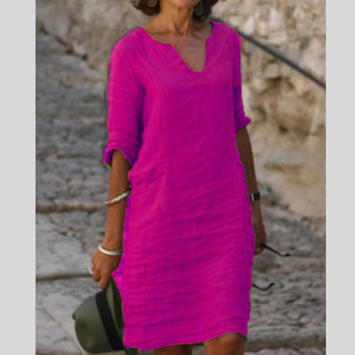 Dames V-hals Midi-jurk met Driekwart Mouw Linnen Look - Roze