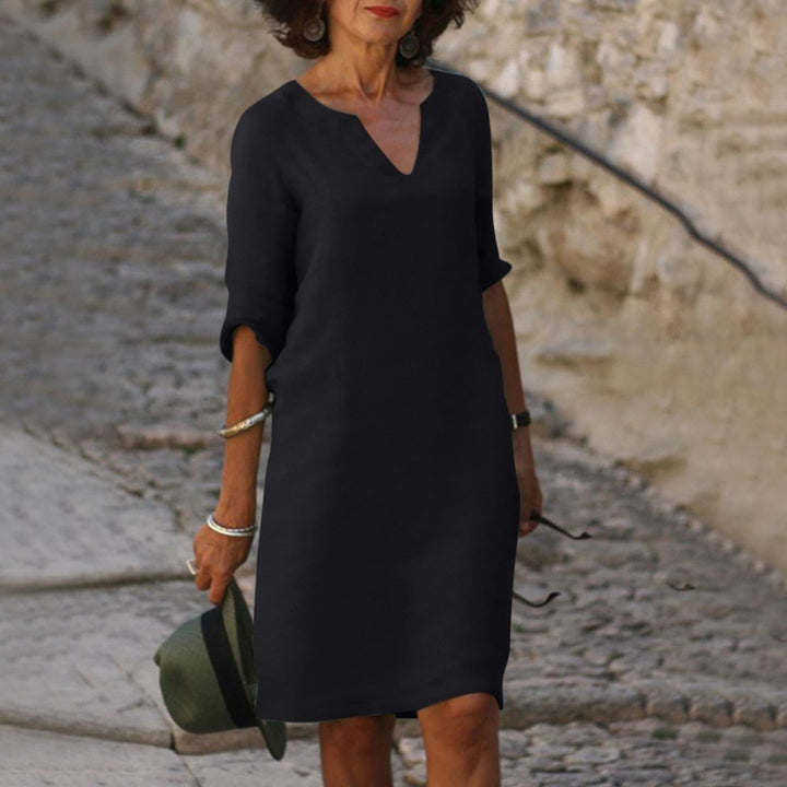 Dames V-hals Midi-jurk met Driekwart Mouw Linnen Look - Zwart