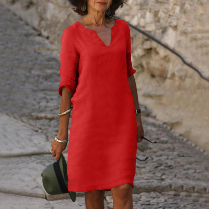 Dames V-hals Midi-jurk met Driekwart Mouw Linnen Look - Rood