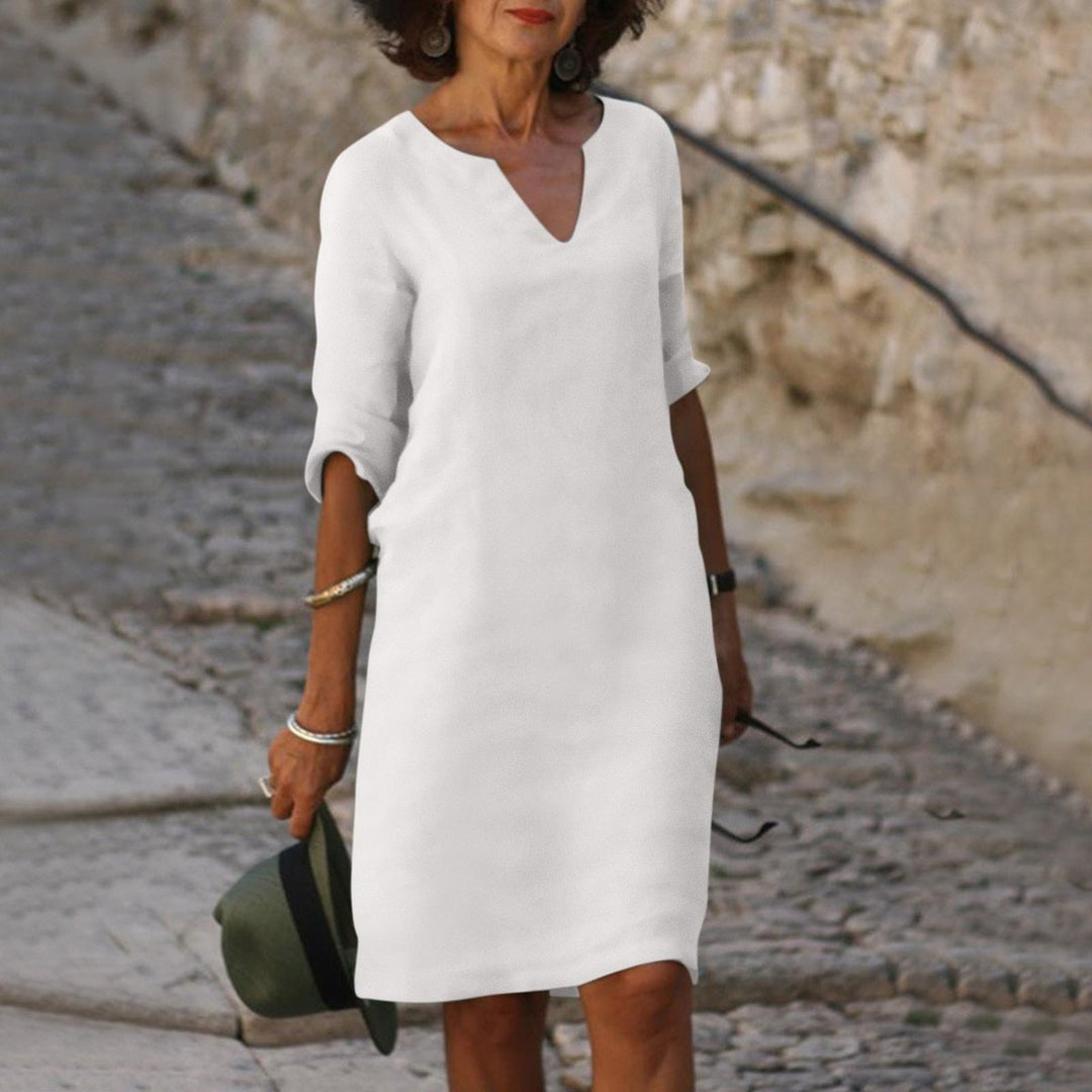 Dames V-hals Midi-jurk met Driekwart Mouw Linnen Look - Wit