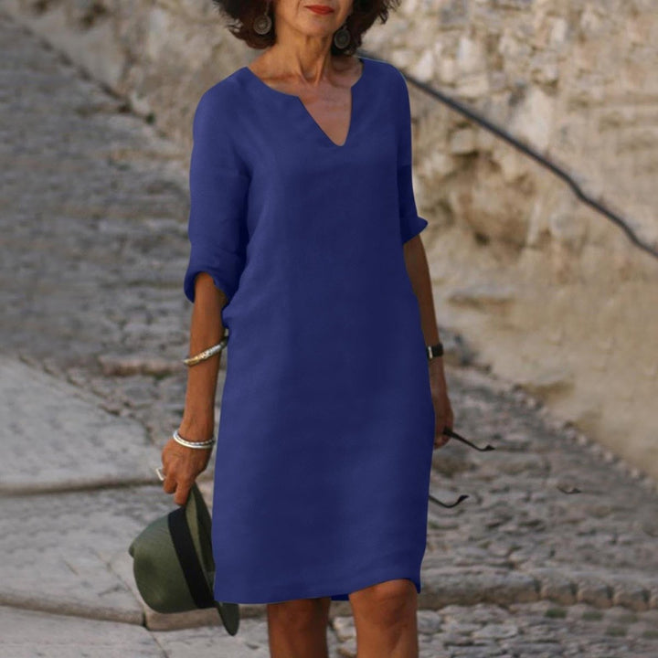 Dames V-hals Midi-jurk met Driekwart Mouw Linnen Look - Donkerblauw