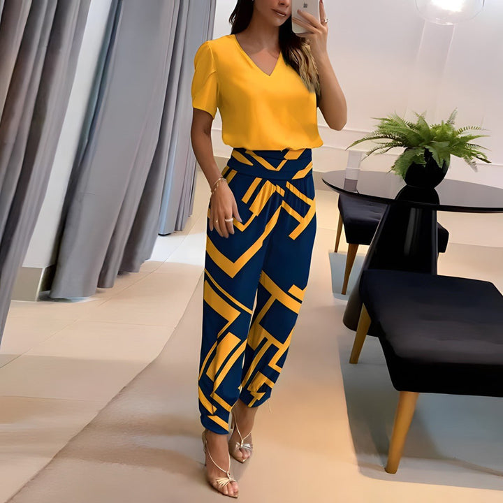 Dames V-hals Wide Leg Two-piece Set Korte Mouwen - Yellow
