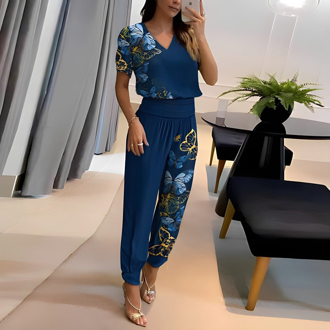 Dames V-hals Wide Leg Two-piece Set Korte Mouwen - Blue