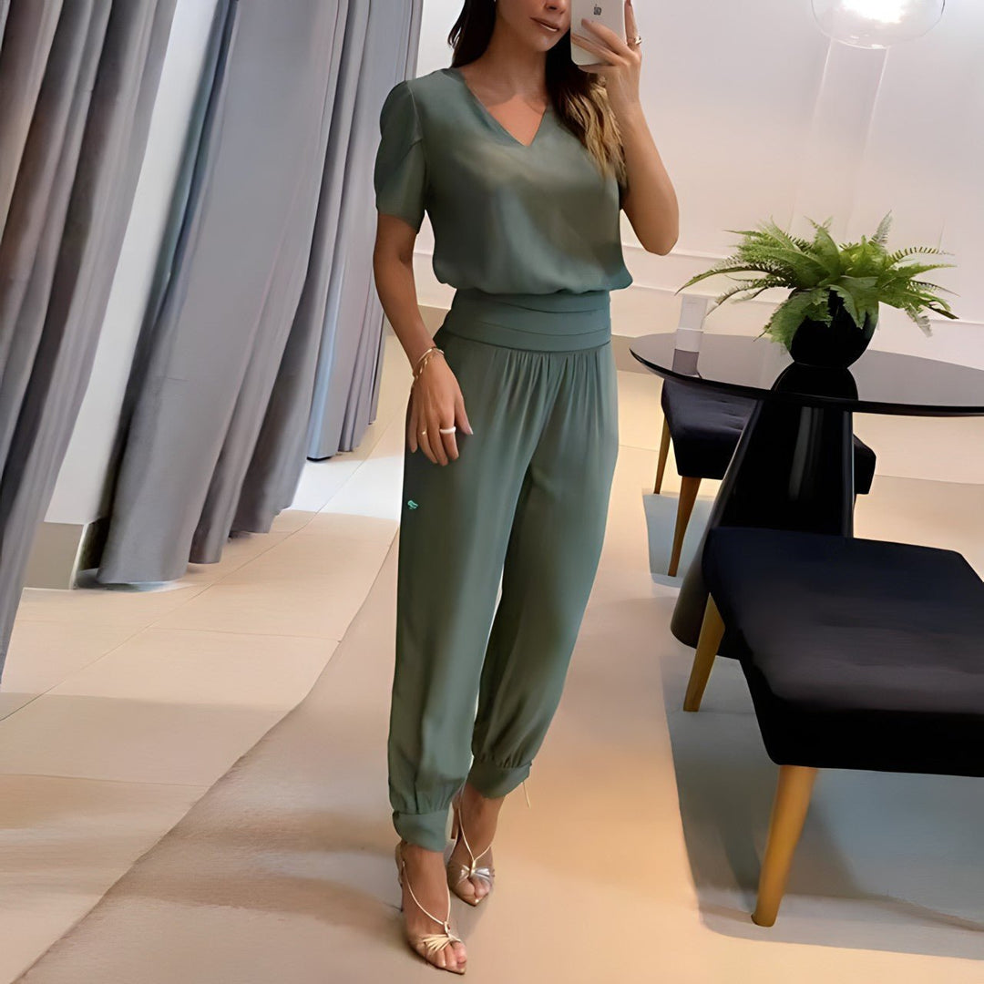 Dames V-hals Wide Leg Two-piece Set Korte Mouwen - Olive Green