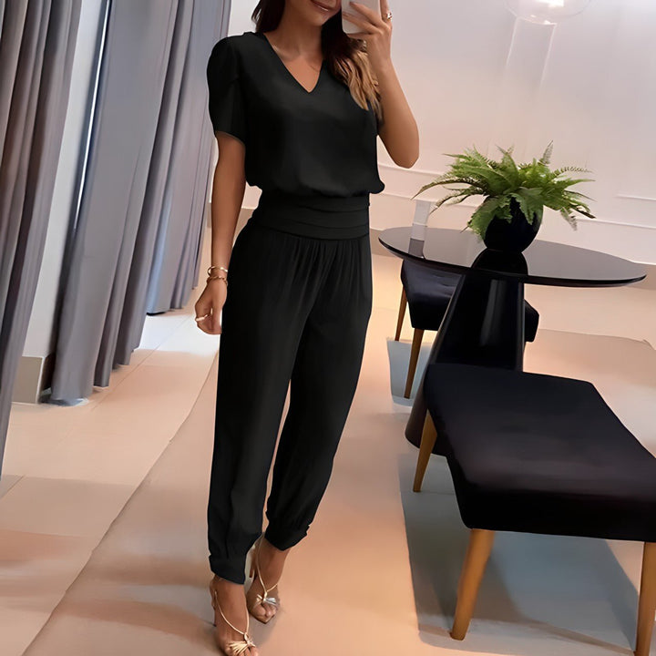 Dames V-hals Wide Leg Two-piece Set Korte Mouwen - Black
