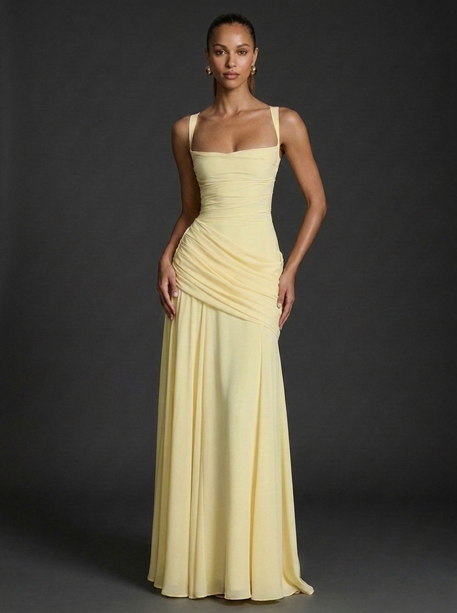 Dames Vierkante Hals Mouwloze Gerimpelde Maxi Jurk - Butter Yellow