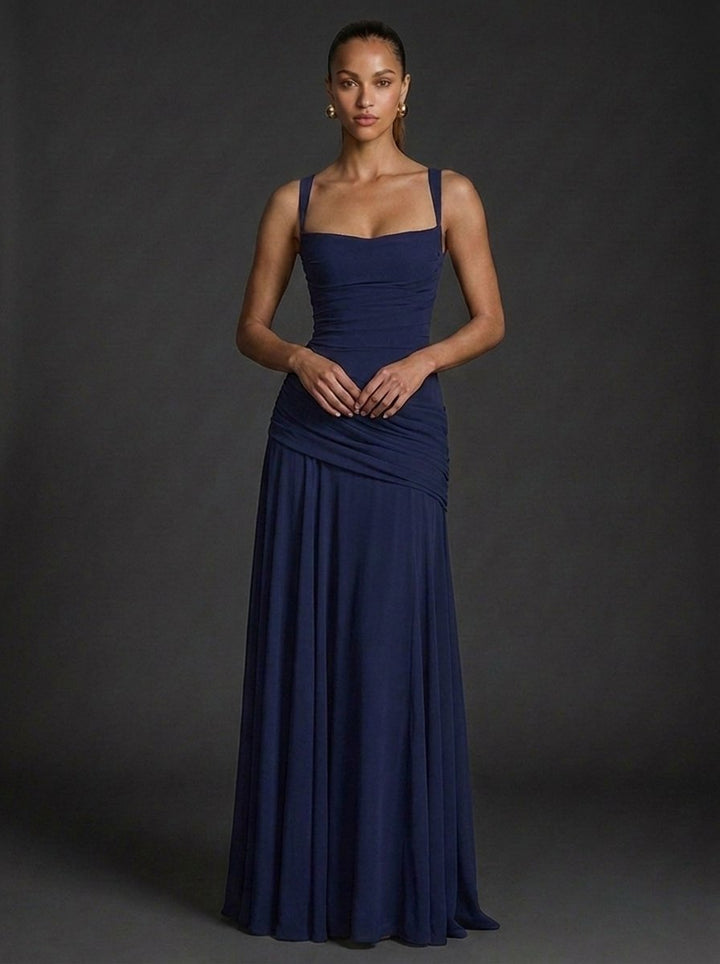 Dames Vierkante Hals Mouwloze Gerimpelde Maxi Jurk - Dark Blue