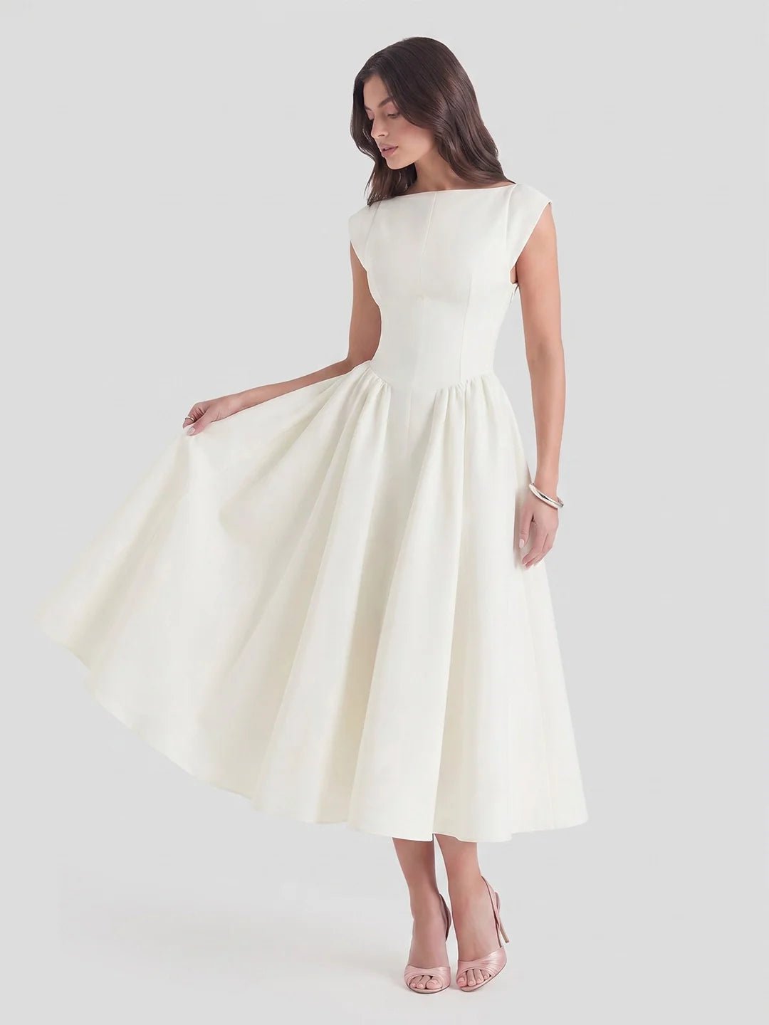 Dames Vintage Bateau-Hals Midi Satijn Jurk