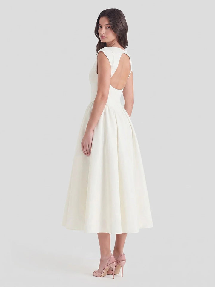 Dames Vintage Bateau-Hals Midi Satijn Jurk