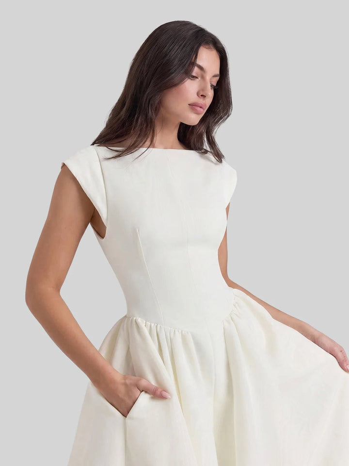 Dames Vintage Bateau-Hals Midi Satijn Jurk