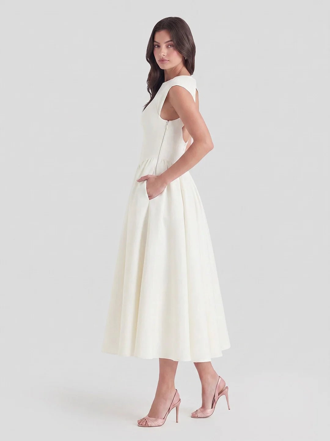 Dames Vintage Bateau-Hals Midi Satijn Jurk
