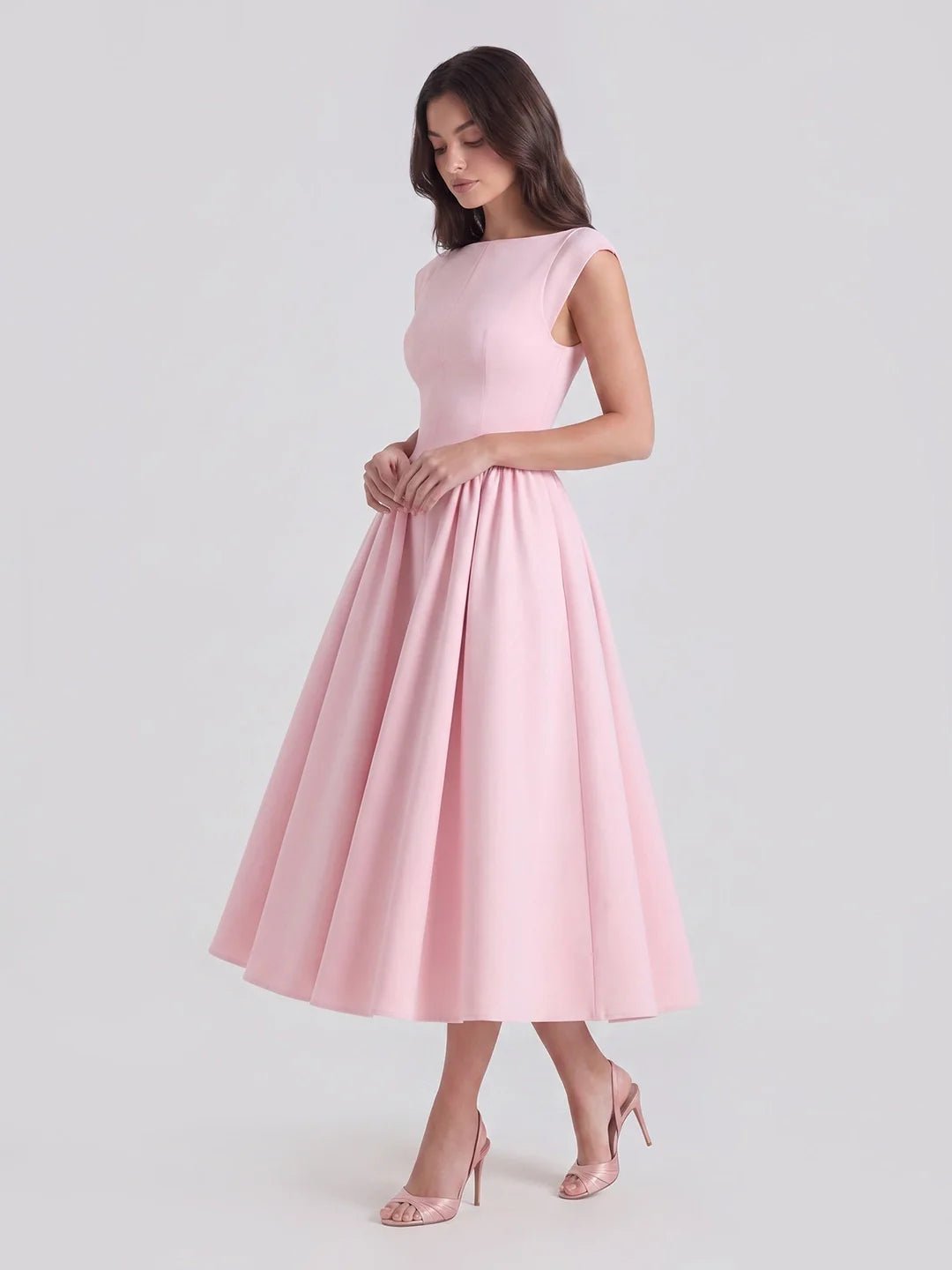 Dames Vintage Bateau-Hals Midi Satijn Jurk - Soft Pink