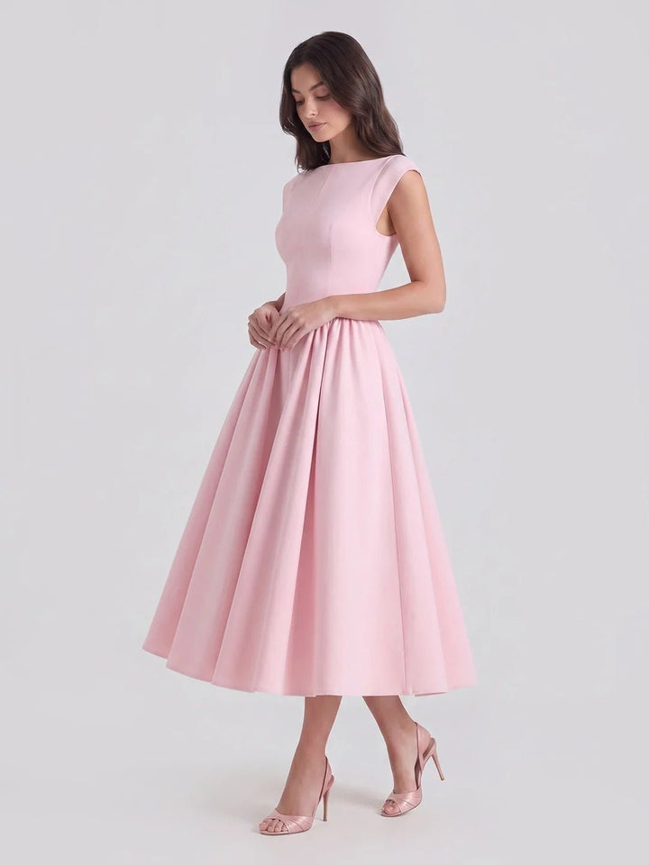 Dames Vintage Bateau-Hals Midi Satijn Jurk - Soft Pink
