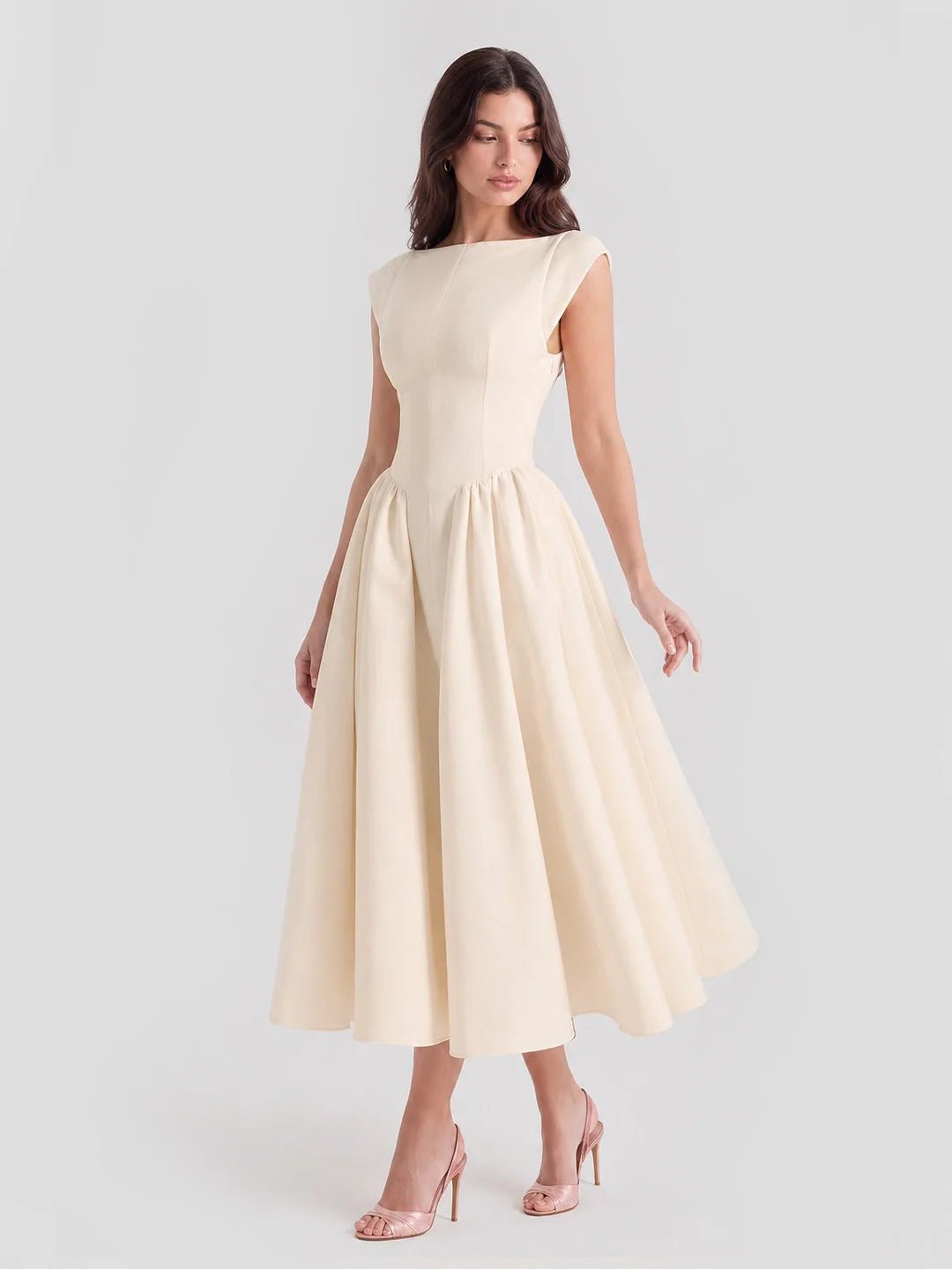 Dames Vintage Bateau-Hals Midi Satijn Jurk - Beige