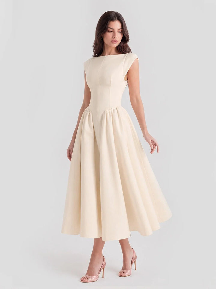 Dames Vintage Bateau-Hals Midi Satijn Jurk - Beige