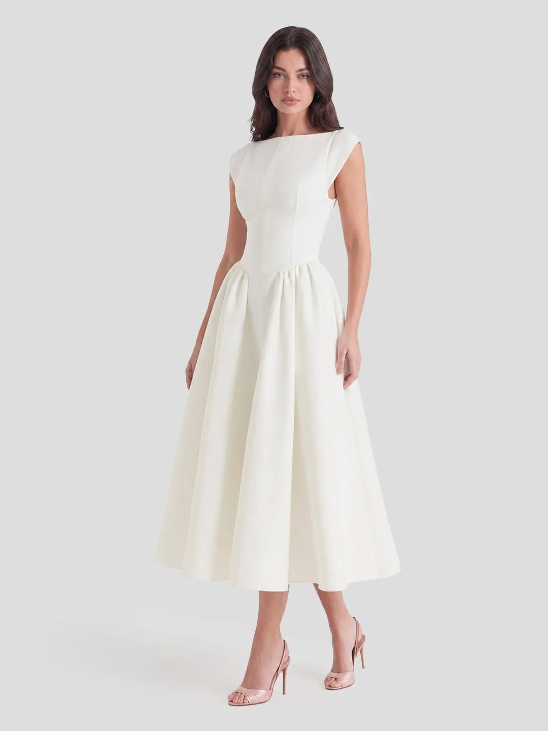 Dames Vintage Bateau-Hals Midi Satijn Jurk - Ivory