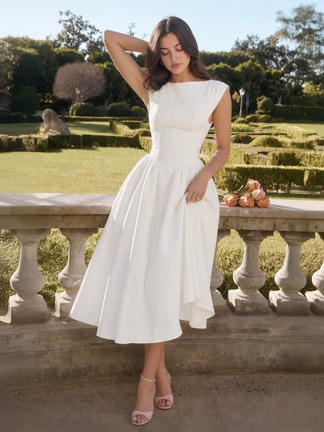 Dames Vintage Bateau-Hals Midi Satijn Jurk