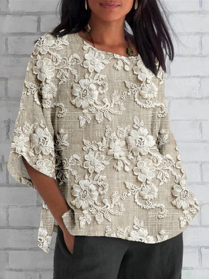 Dames Vintage Bloemen Relaxed-Fit Blouse met Kant - Khaki