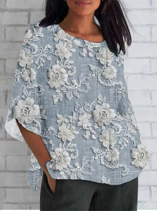 Dames Vintage Bloemen Relaxed-Fit Blouse met Kant - Blue