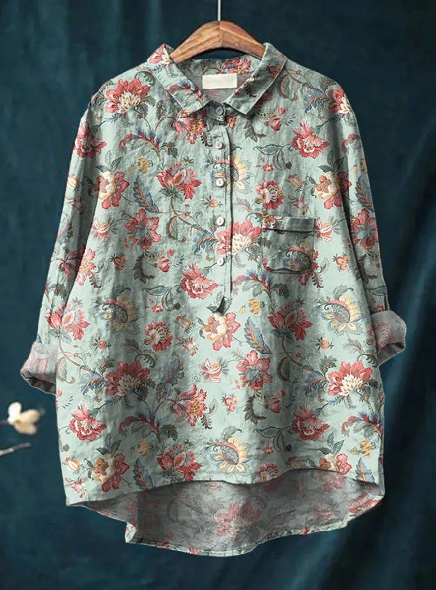 Dames Vintage Bloemenprint Oversized Linnen Blouse - Print 5
