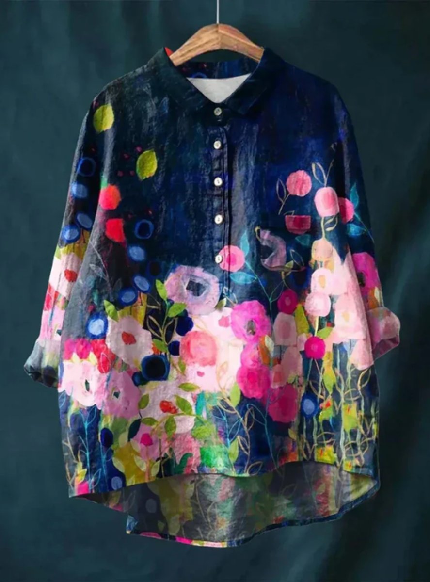 Dames Vintage Bloemenprint Oversized Linnen Blouse - Print 11