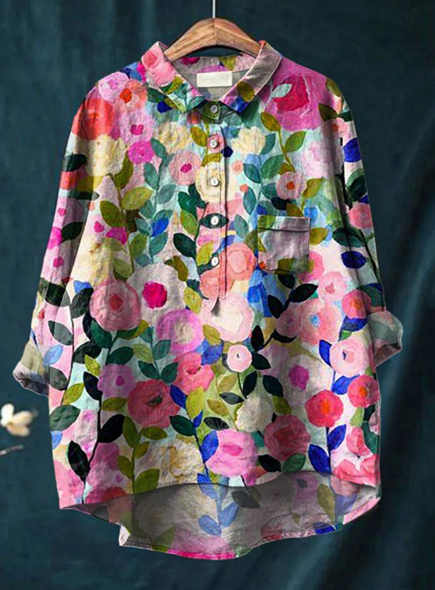 Dames Vintage Bloemenprint Oversized Linnen Blouse - Print 1