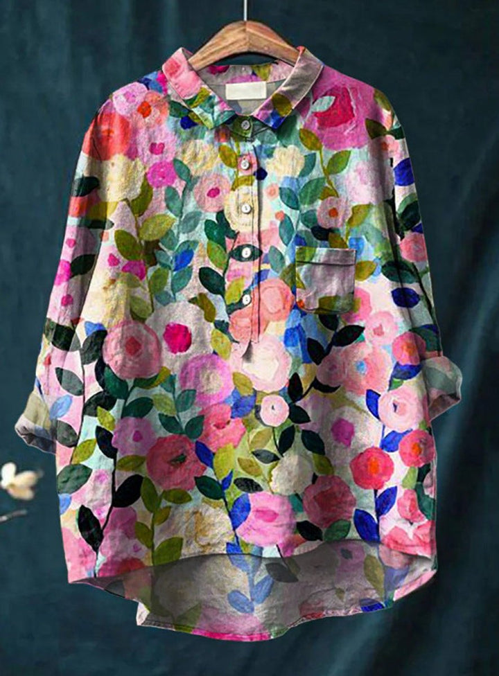Dames Vintage Bloemenprint Oversized Linnen Blouse - Print 1