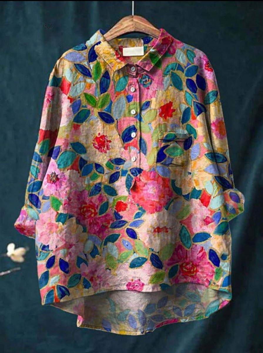 Dames Vintage Bloemenprint Oversized Linnen Blouse - Print 4