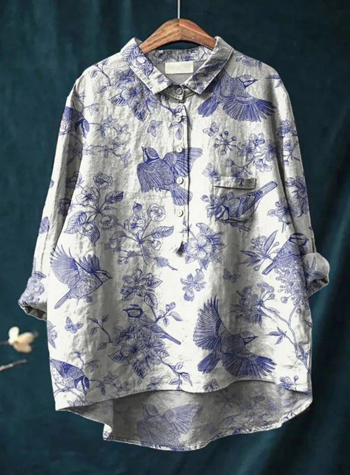Dames Vintage Bloemenprint Oversized Linnen Blouse - Print 8