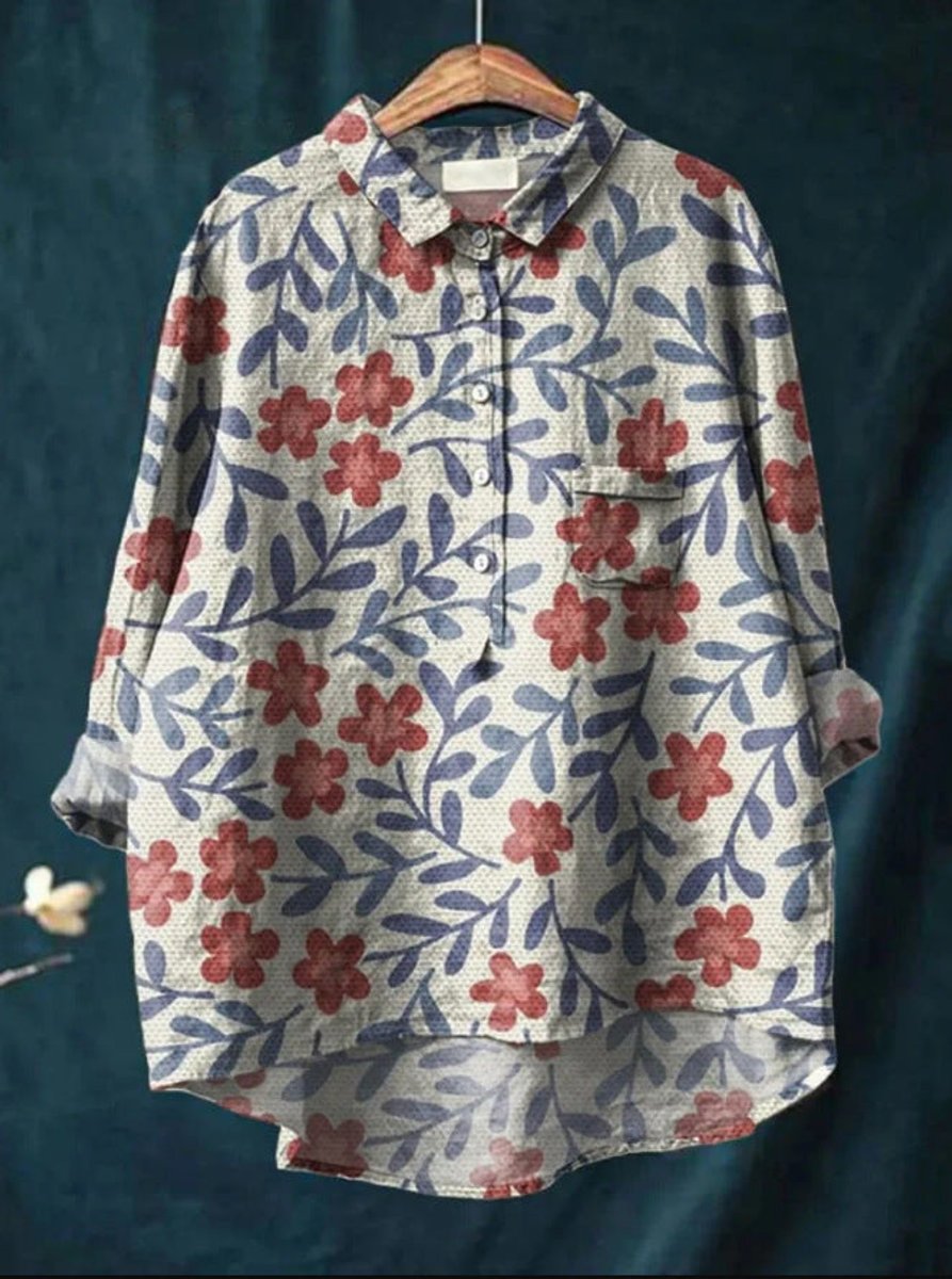 Dames Vintage Bloemenprint Oversized Linnen Blouse - Print 2