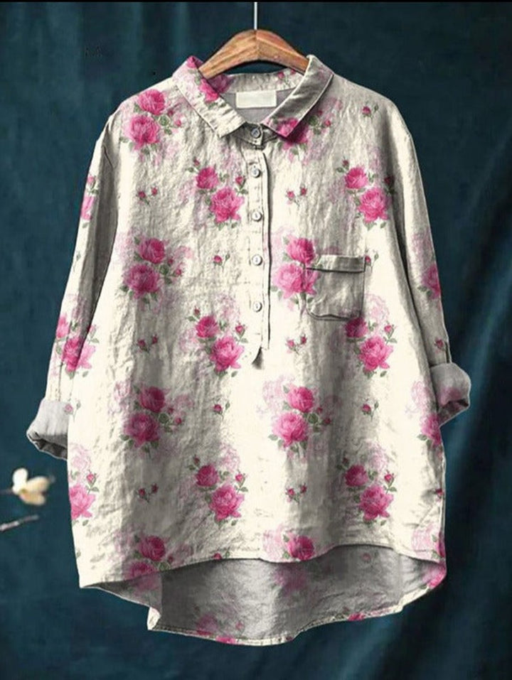 Dames Vintage Bloemenprint Oversized Linnen Blouse - Print 7
