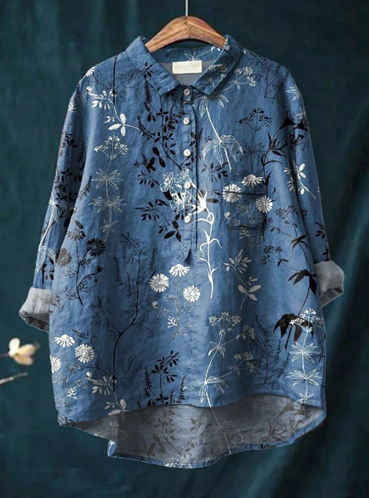 Dames Vintage Bloemenprint Oversized Linnen Blouse - Print 9