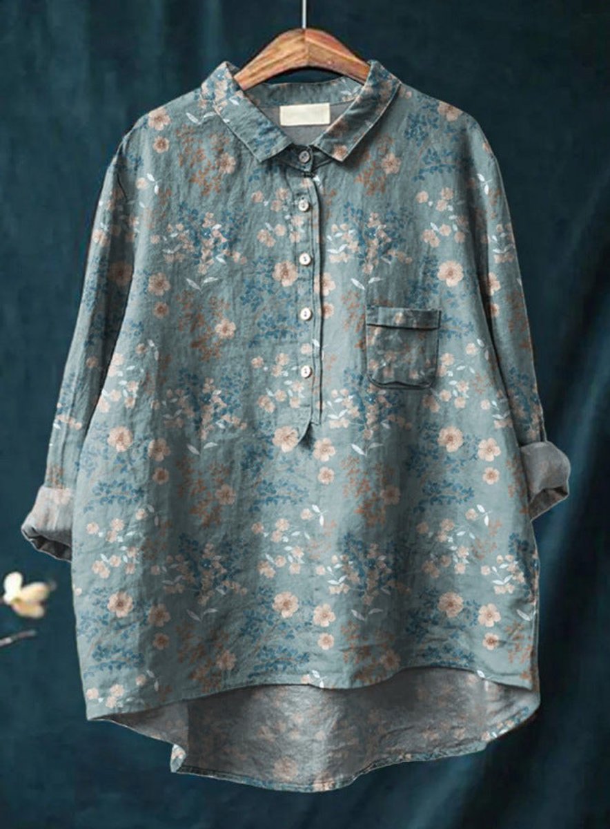 Dames Vintage Bloemenprint Oversized Linnen Blouse - Print 6