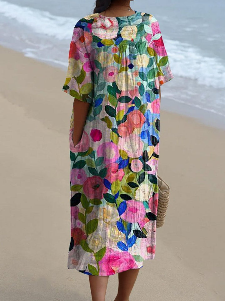 Dames Vintage Bloemenprint V-hals Midi-jurk