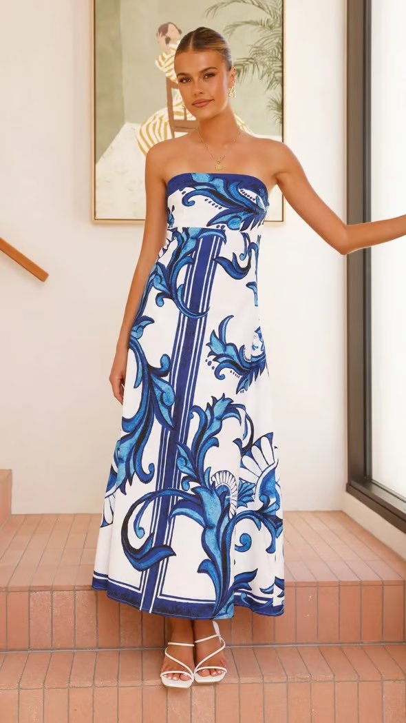 Dames Vintage Geprinte Strapless Maxi Jurk - Blue
