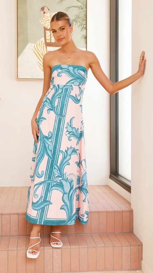 Dames Vintage Geprinte Strapless Maxi Jurk - Light Blue