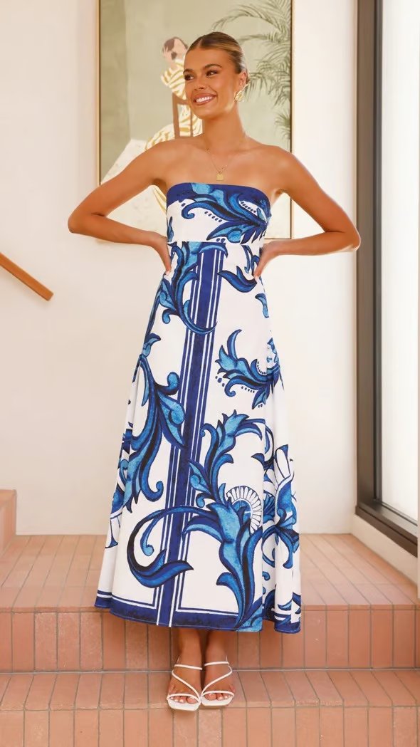 Dames Vintage Geprinte Strapless Maxi Jurk