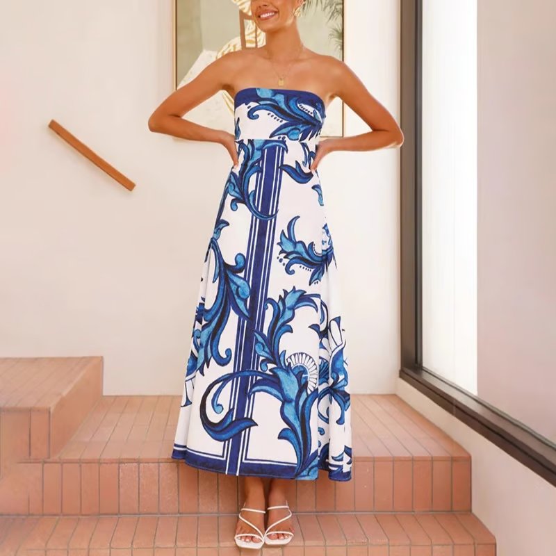 Dames Vintage Geprinte Strapless Maxi Jurk