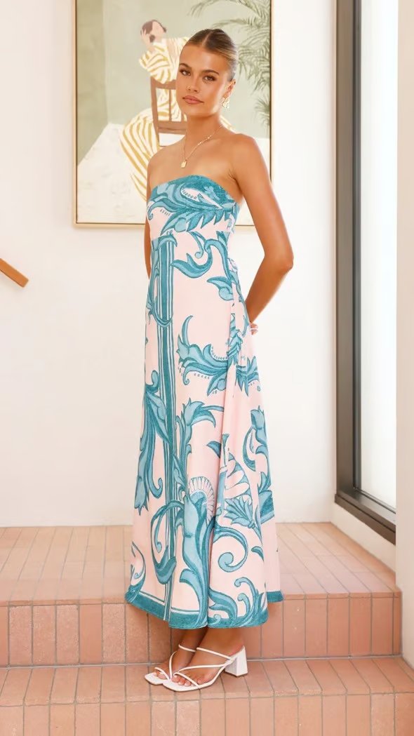 Dames Vintage Geprinte Strapless Maxi Jurk