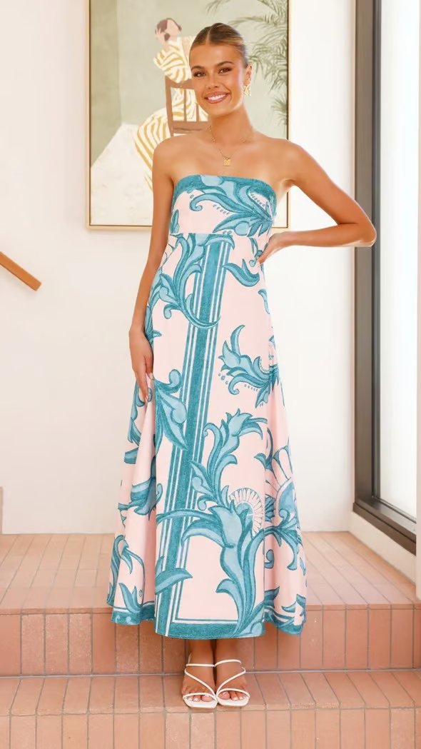 Dames Vintage Geprinte Strapless Maxi Jurk
