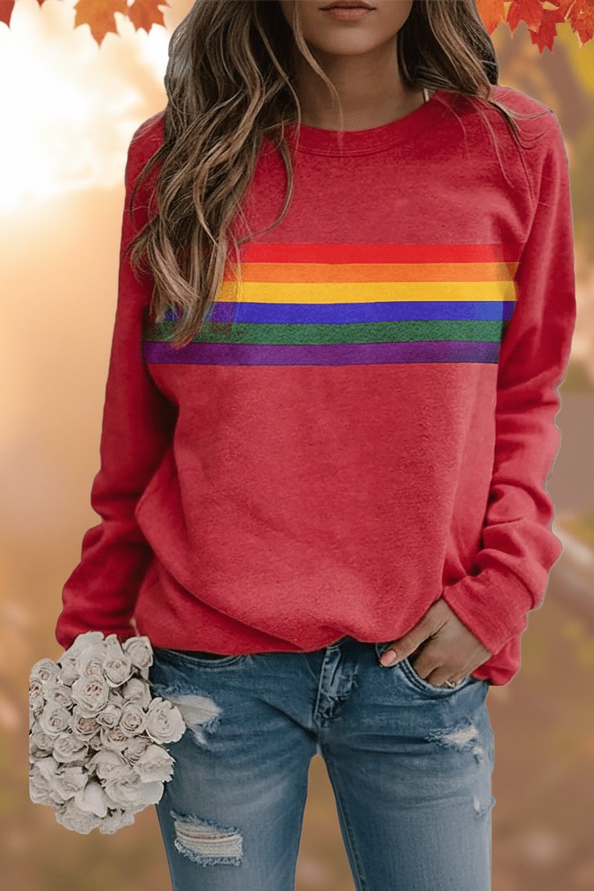 Dames Vintage Regenbooggestreepte Relaxed-Fit Sweatshirt - Red